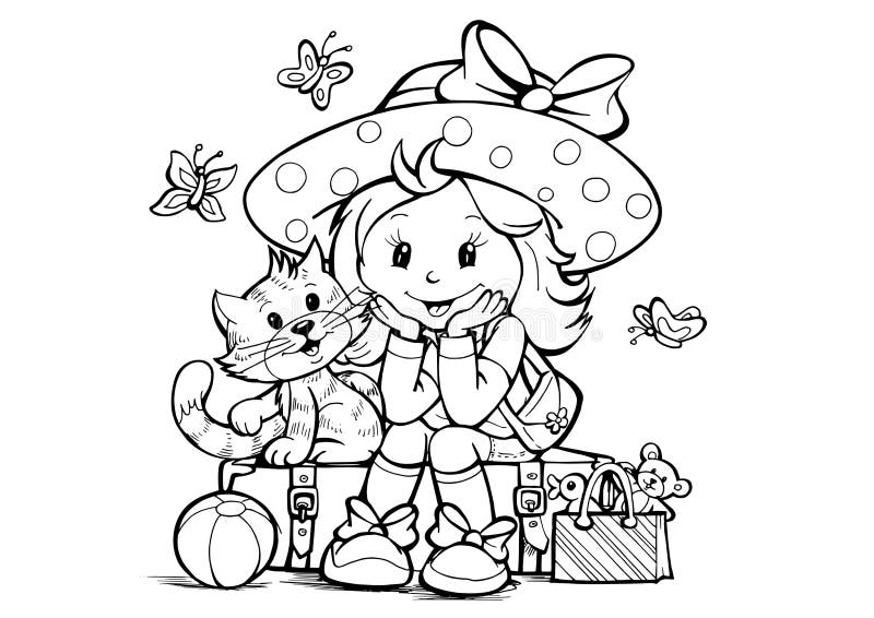 Menina com o gato no curso ilustração stock Menina com o gato no curso ilustração stock