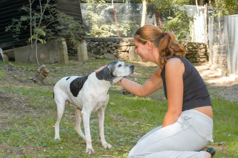 Menina com um cão no abrigo animal foto de stock Menina com um cão no abrigo animal foto de stock