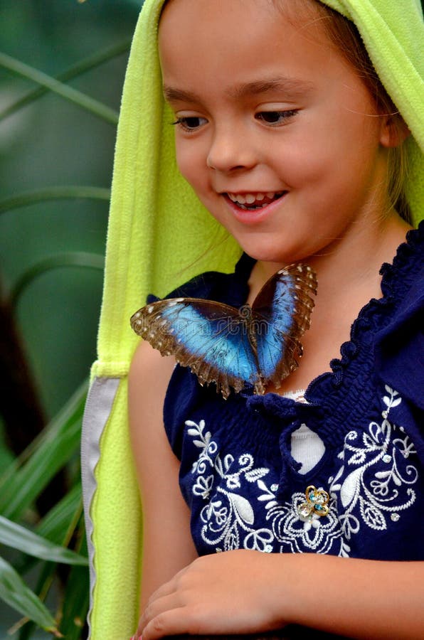 Menina com uma borboleta em sua camisa imagem de stock Menina com uma borboleta em sua camisa imagem de stock