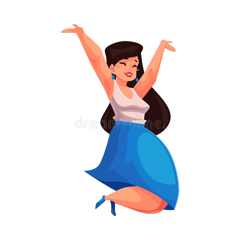 Menina curvy, excesso de peso bonito que salta com as mãos levantadas acima ilustração do vetor Menina curvy, excesso de peso bonito que salta com as mãos levantadas acima ilustração do vetor