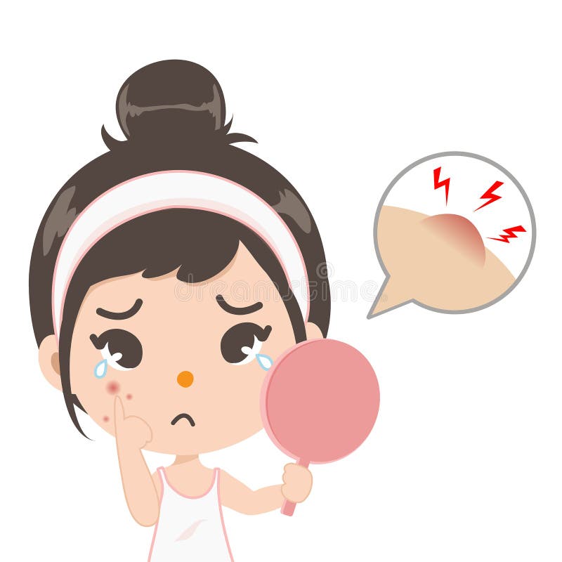 A menina da acne brilha no espelho ilustração do vetor A menina da acne brilha no espelho ilustração do vetor