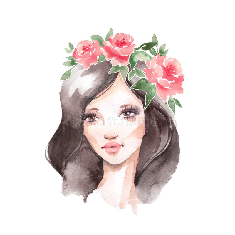 Menina da beleza da aquarela com cabelo escuro e a grinalda floral ilustração royalty free Menina da beleza da aquarela com cabelo escuro e a grinalda floral ilustração royalty free