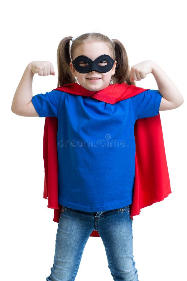 A menina da criança joga o super-herói fotografia de stock A menina da criança joga o super-herói fotografia de stock