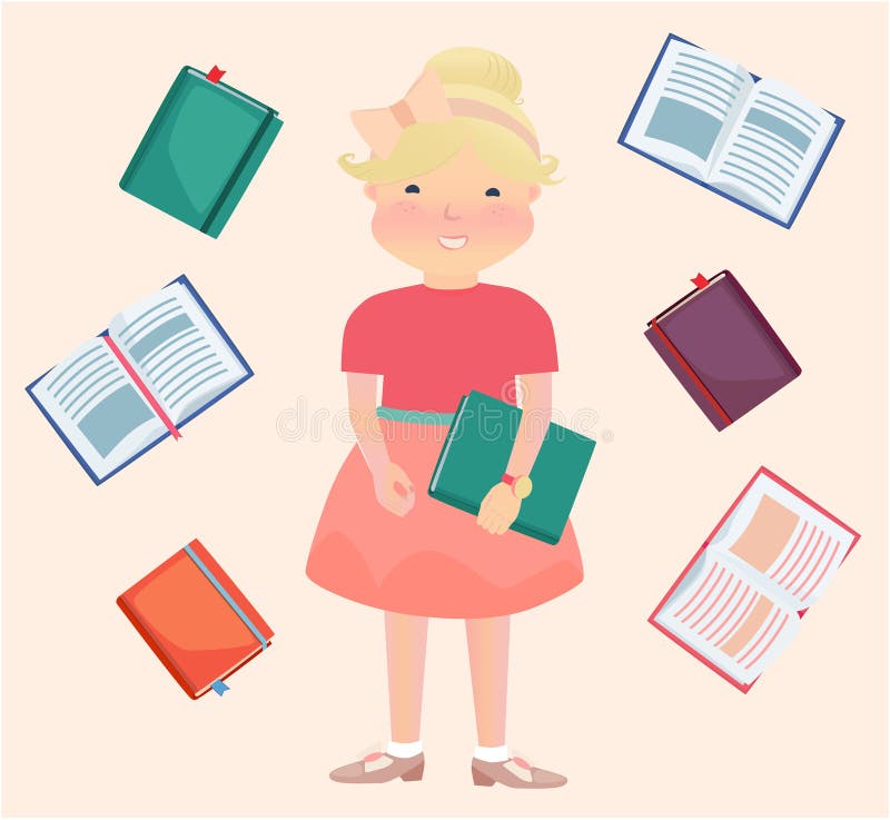 Menina da escola de Cartooned cercada por livros de leitura ilustração royalty free Menina da escola de Cartooned cercada por livros de leitura ilustração royalty free