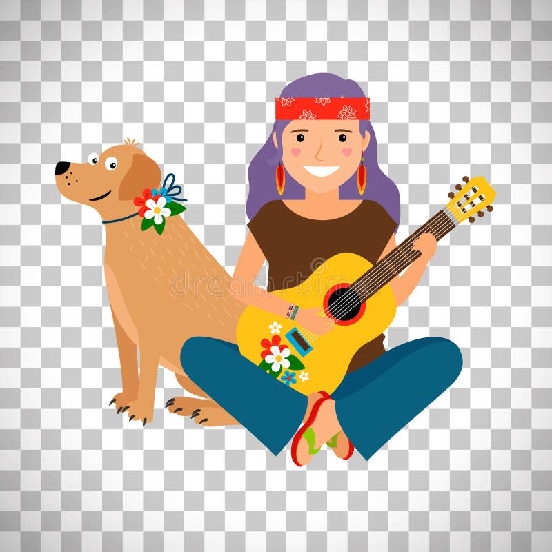 Menina da hippie com guitarra e cão ilustração royalty free Menina da hippie com guitarra e cão ilustração royalty free
