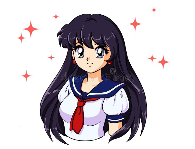Menina de animação retrô com cabelo preto no uniforme escolar japonês