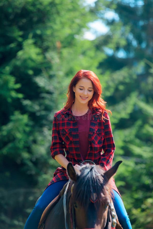 Menina de Redehad com o cavalo na floresta foto de stock Menina de Redehad com o cavalo na floresta foto de stock