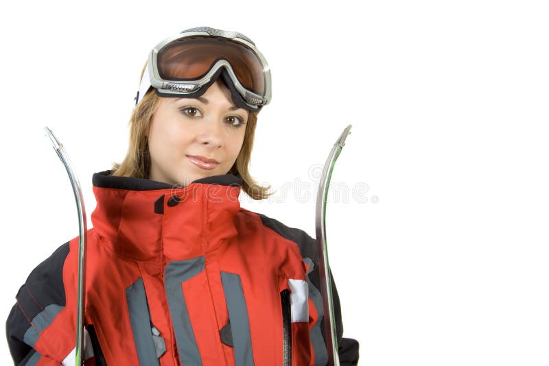 Menina de sorriso do esquiador imagem de stock Menina de sorriso do esquiador imagem de stock