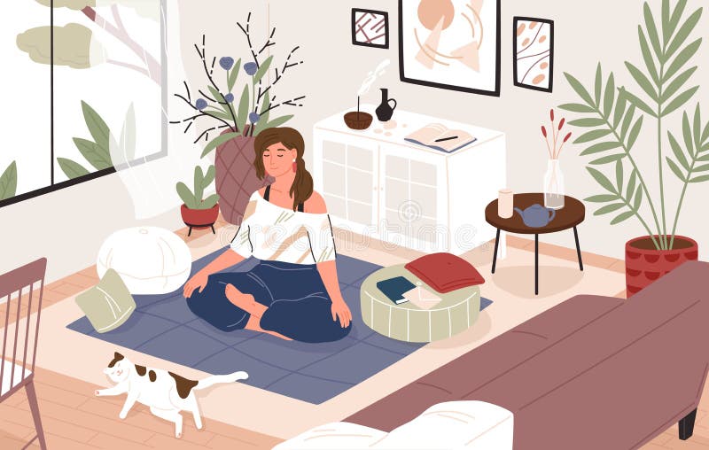 Menina de sorriso que senta-se de pernas cruzadas em seu sala ou apartamento, ioga praticando e apreciação da meditação Jovem mul ilustração do vetor Menina de sorriso que senta-se de pernas cruzadas em seu sala ou apartamento, ioga praticando e apreciação da meditação Jovem mul ilustração do vetor