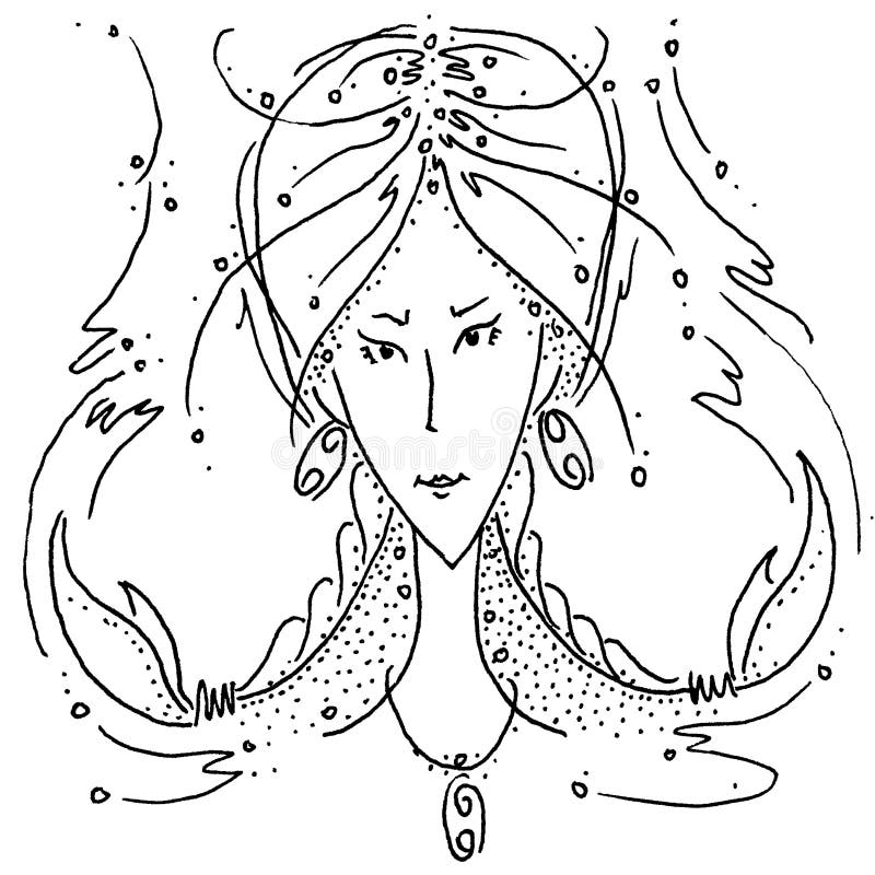 Menina de tiragem preto e branco do câncer do sinal do zodíaco com as tranças sob a forma do câncer das garras ilustração do vetor Menina de tiragem preto e branco do câncer do sinal do zodíaco com as tranças sob a forma do câncer das garras ilustração do vetor