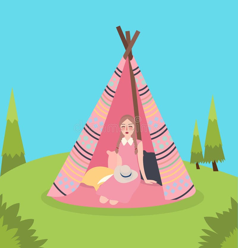 A menina dentro da barraca nativa tradicional de América da tenda que relaxa aprecia acampar na paisagem verde ilustração do vetor A menina dentro da barraca nativa tradicional de América da tenda que relaxa aprecia acampar na paisagem verde ilustração do vetor