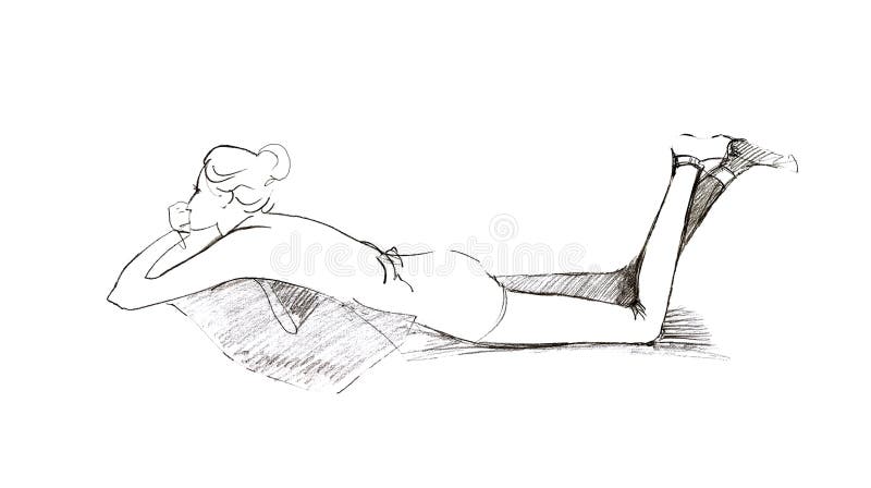 Menina do encanto que encontra-se no sofá com os pés levantados em um fundo branco ilustração royalty free Menina do encanto que encontra-se no sofá com os pés levantados em um fundo branco ilustração royalty free