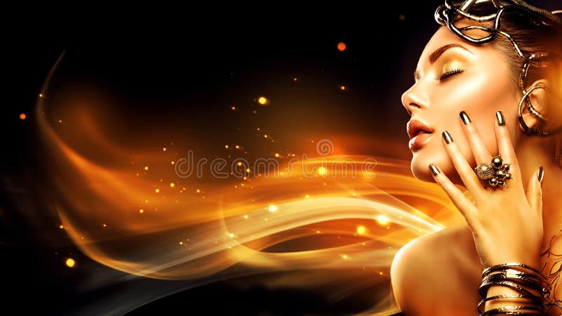 Modelo de beleza e moda, menina com maquilhagem dourada foto de stock royalty free