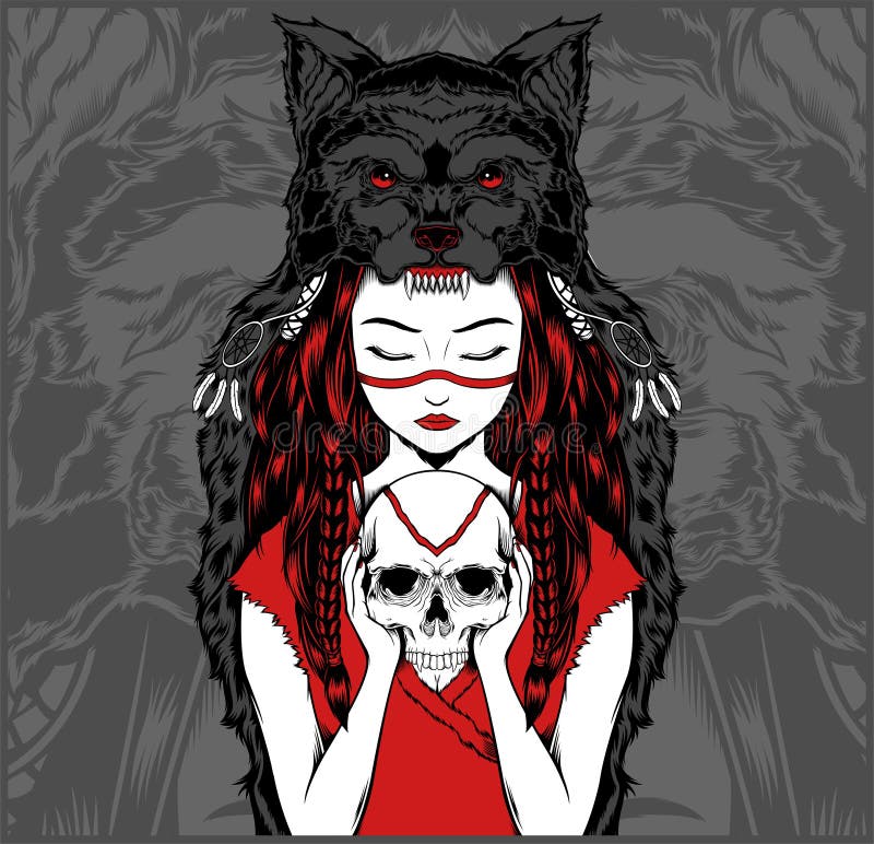 Menina do nativo americano com a mantilha do lobo que segura o crânio - vetor ilustração do vetor Menina do nativo americano com a mantilha do lobo que segura o crânio - vetor ilustração do vetor