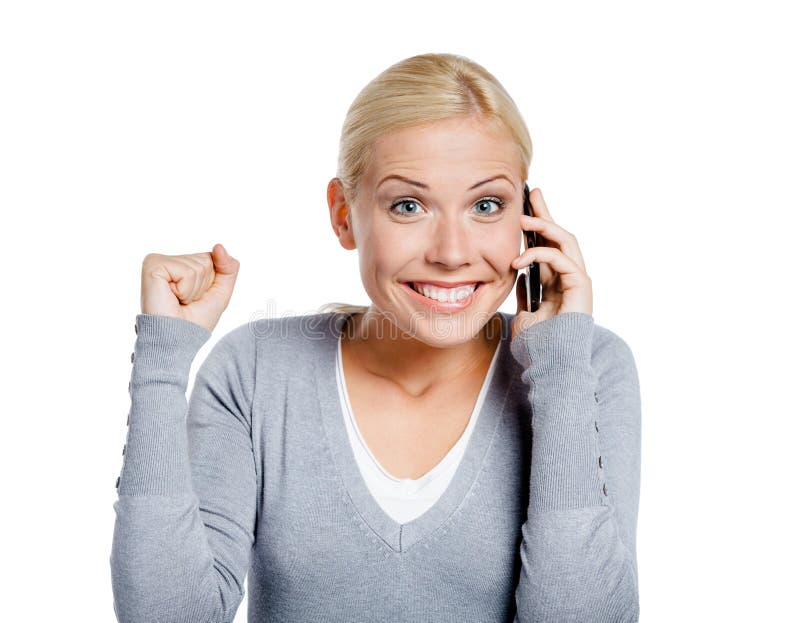 Menina do smiley que fala no telefone foto de stock Menina do smiley que fala no telefone foto de stock