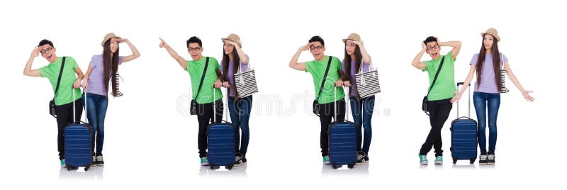 Menina e menino com a mala de viagem isolada no branco fotos de stock Menina e menino com a mala de viagem isolada no branco fotos de stock