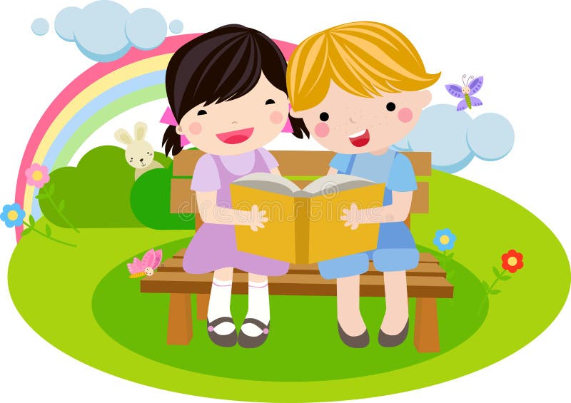 Rapariga e rapaz a ler o livro ilustração stock