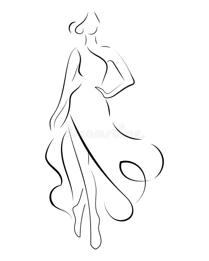 Menina em um vestido Esboços lineares de uma figura fêmea em um vestido Silhueta de um modelo na roupa Arte linear da