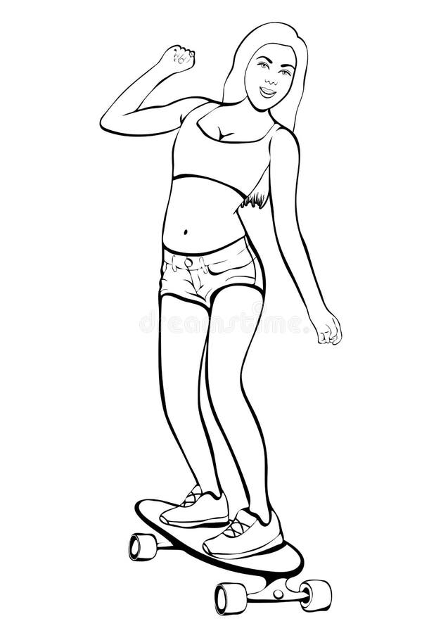 A Menina Está Montando Um Skate, Desenho De Esboço Dos Desenhos