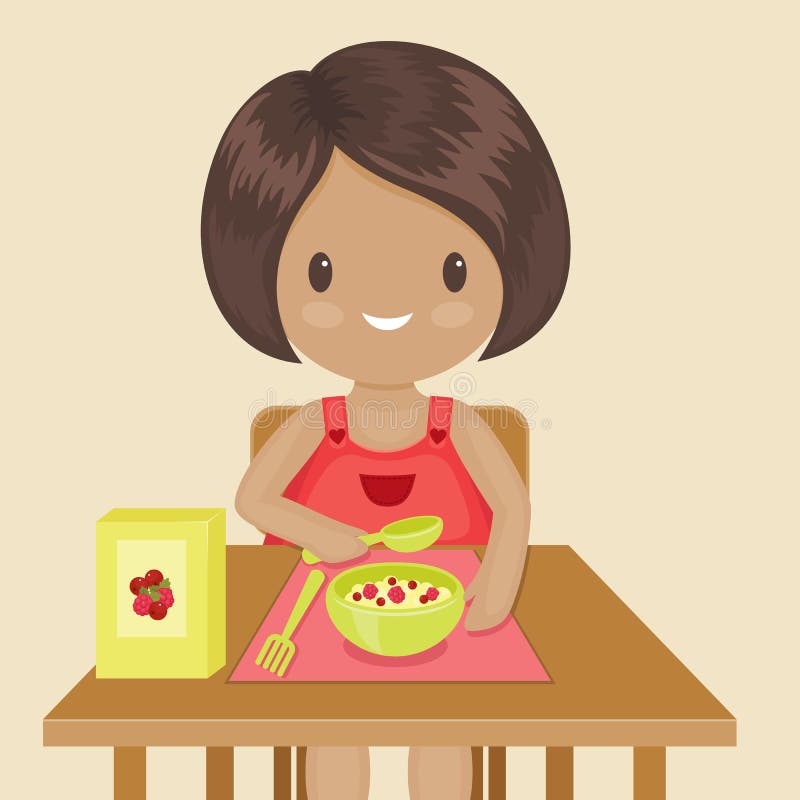 A menina está comendo seu café da manhã ilustração royalty free A menina está comendo seu café da manhã ilustração royalty free