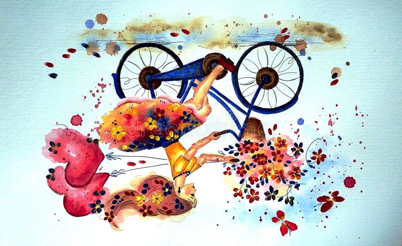 Girl on a bicycle with bouquet of flowers and heart balloons, aquarelle technique. Girl on a bicycle with bouquet of flowers and heart balloons, aquarelle technique