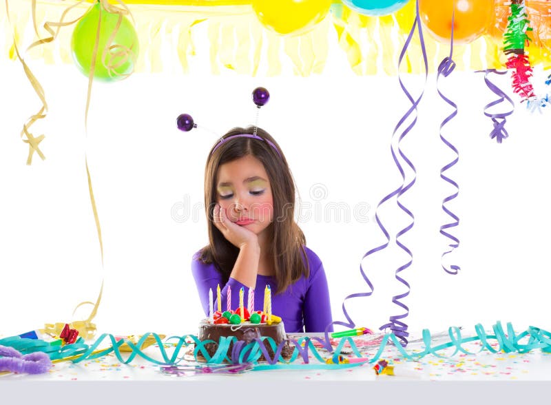 Asian child kid girl in birthday party bored sad gesture and chocolate cake. Asian child kid girl in birthday party bored sad gesture and chocolate cake