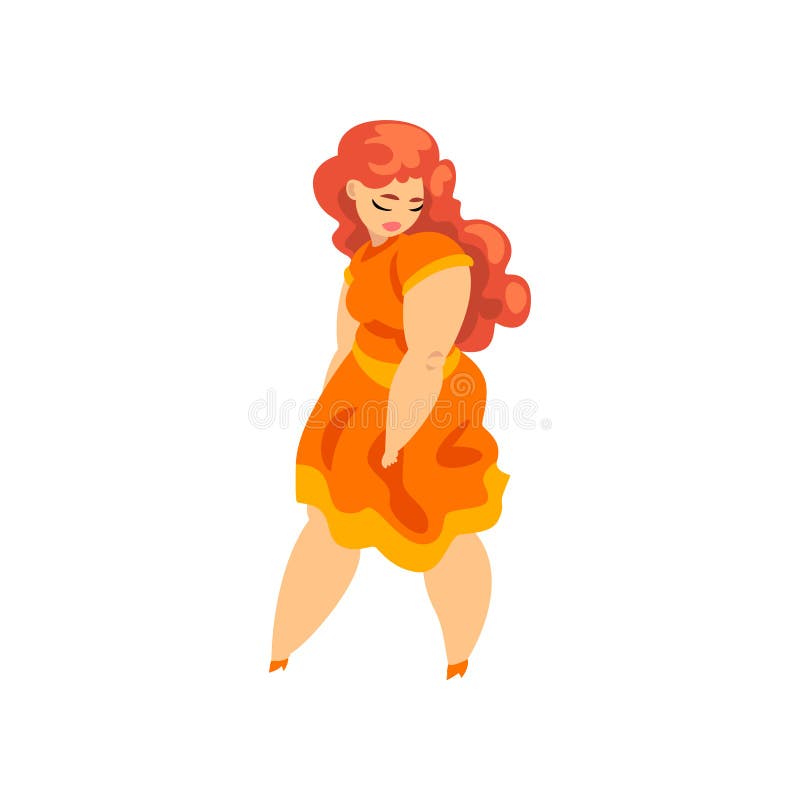 Menina gorda, curvy, excesso de peso no vestido alaranjado, mais o modelo do tamanho na roupa elegante, ilustração positiva do ve ilustração stock Menina gorda, curvy, excesso de peso no vestido alaranjado, mais o modelo do tamanho na roupa elegante, ilustração positiva do ve ilustração stock