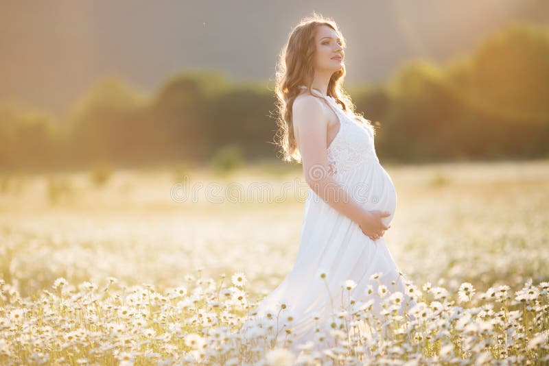 A menina grávida feliz bonita no campo da margarida floresce em luzes do por do sol imagem de stock A menina grávida feliz bonita no campo da margarida floresce em luzes do por do sol imagem de stock