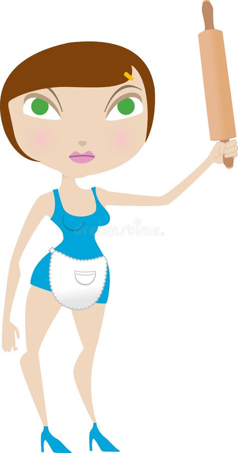 Uma rapariga zangada a segurar um rolo de massa ilustração royalty free