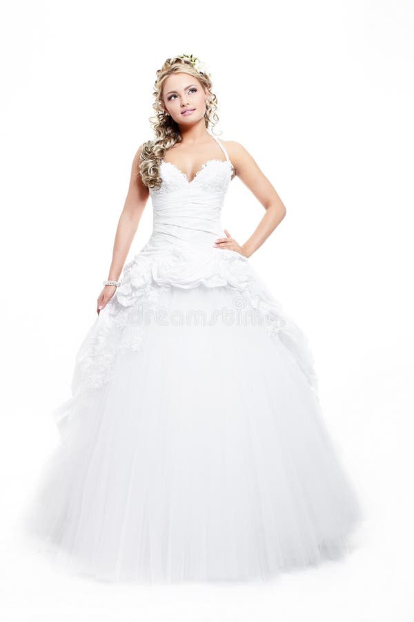 Menina loura da noiva bonita no vestido de casamento branco imagem de stock royalty free Menina loura da noiva bonita no vestido de casamento branco imagem de stock royalty free