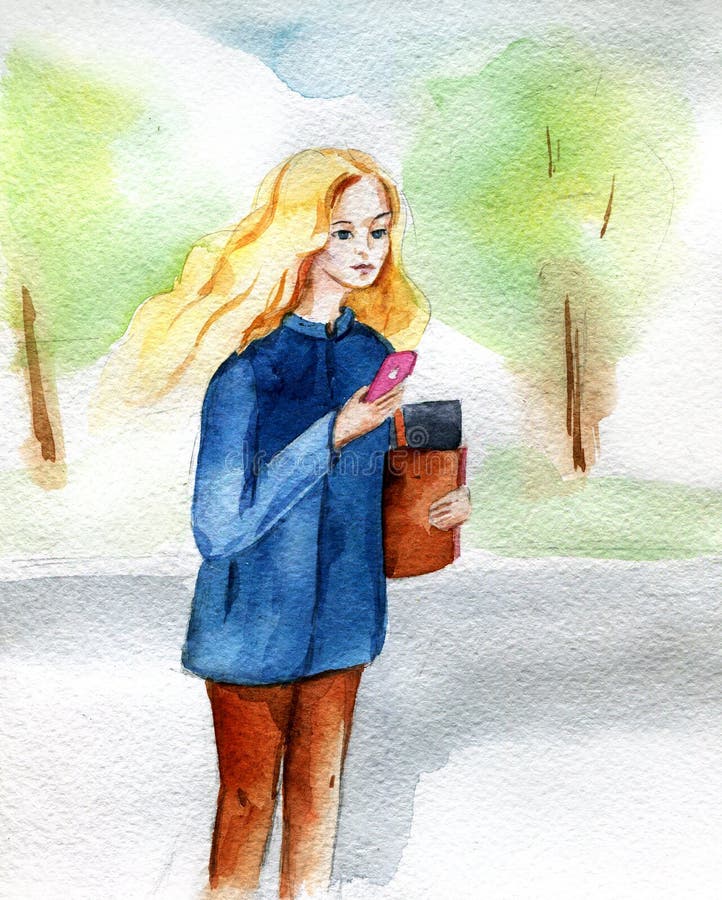 A menina loura está na rua da mola com o telefone e espera WA ilustração royalty free A menina loura está na rua da mola com o telefone e espera WA ilustração royalty free