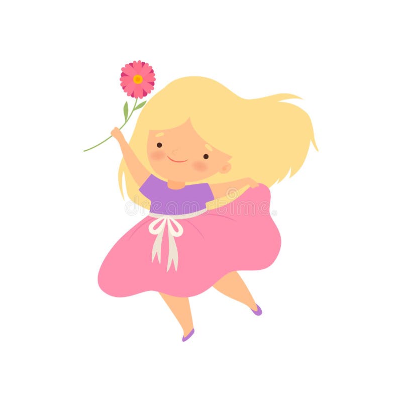 Menina loura pequena bonita com ilustração cor-de-rosa do vetor dos desenhos animados da flor ilustração stock Menina loura pequena bonita com ilustração cor-de-rosa do vetor dos desenhos animados da flor ilustração stock