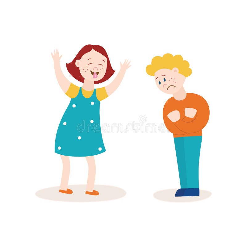 Menina média que tiraniza e que taunting o menino triste ilustração do vetor Menina média que tiraniza e que taunting o menino triste ilustração do vetor