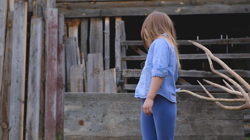 A menina na roupa azul espreita atrás de uma tela de madeira