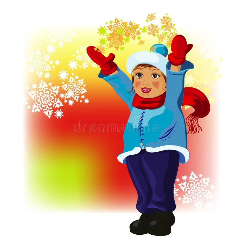 Menina no pano do inverno com flocos de neve ilustração royalty free Menina no pano do inverno com flocos de neve ilustração royalty free