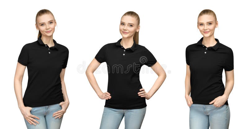 Menina no projeto preto vazio do modelo do polo para a cópia e a jovem mulher do molde na parte dianteira do t-shirt e na opinião foto de stock royalty free Menina no projeto preto vazio do modelo do polo para a cópia e a jovem mulher do molde na parte dianteira do t-shirt e na opinião foto de stock royalty free