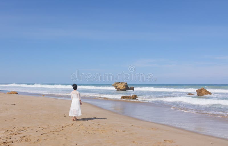 Menina no vestido de casamento que corre ao longo da praia foto de stock Menina no vestido de casamento que corre ao longo da praia foto de stock