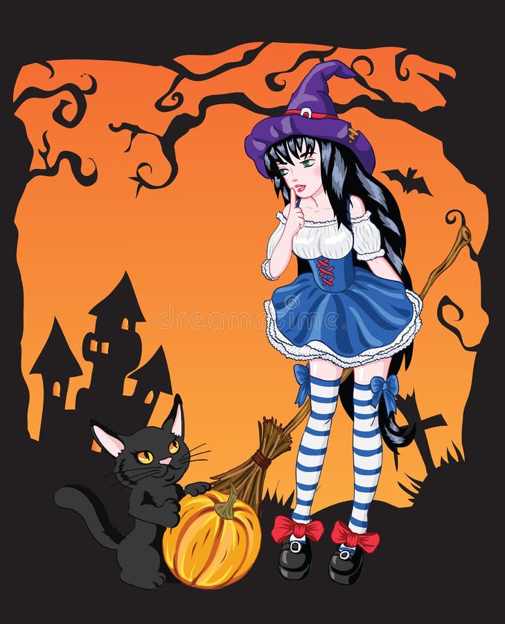 Bruxa Branca Manga De Halloween Anime Em Várias Poses Ilustração