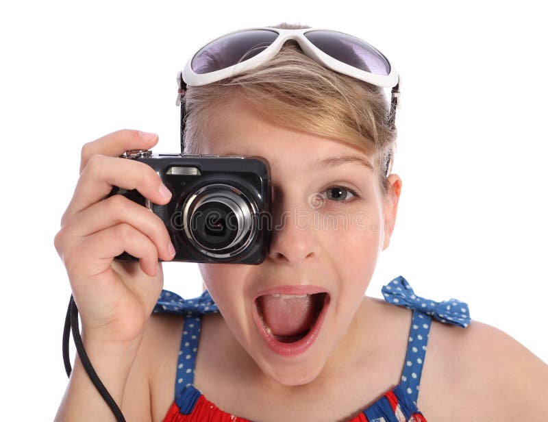 Menina nova Excited do fotógrafo que toma retratos fotos de stock Menina nova Excited do fotógrafo que toma retratos fotos de stock