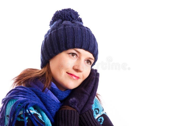 A menina pôs as mãos gloved a sua cara fotografia de stock royalty free A menina pôs as mãos gloved a sua cara fotografia de stock royalty free