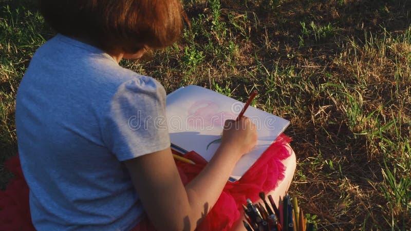 A menina pequena do artista tira lápis em uma flor do álbum que senta-se na grama