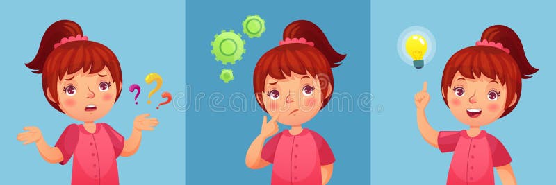 Menina preocupada A criança pede as respostas da pergunta, as confusas e encontrado das perguntas Vetor pensativo dos desenhos an ilustração stock Menina preocupada A criança pede as respostas da pergunta, as confusas e encontrado das perguntas Vetor pensativo dos desenhos an ilustração stock