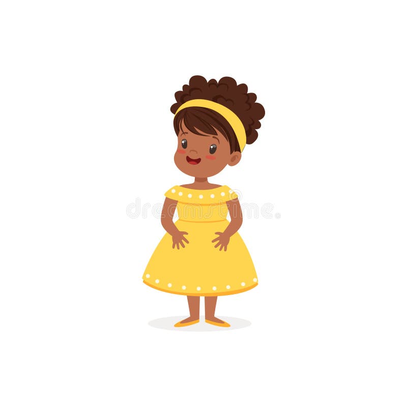 A menina preta bonita que levanta no vestido amarelo, jovem senhora vestiu-se acima na ilustração retro clássica do vetor do esti