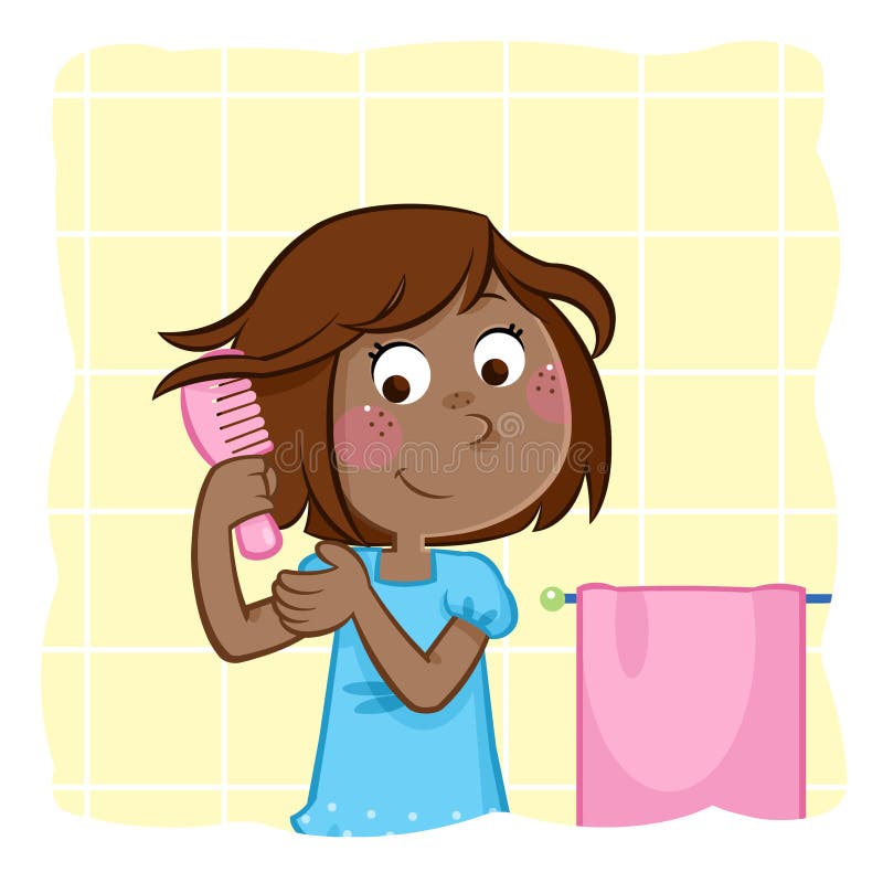 Menina preta pequena adorável que penteia o cabelo no banheiro ilustração stock Menina preta pequena adorável que penteia o cabelo no banheiro ilustração stock