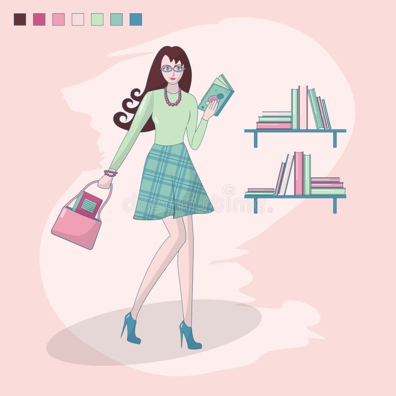 Menina que lê um livro e uma prateleira com livros Livrarias biblioteca Menina esperta com vidros estudo estudante professor ilustração stock Menina que lê um livro e uma prateleira com livros Livrarias biblioteca Menina esperta com vidros estudo estudante professor ilustração stock