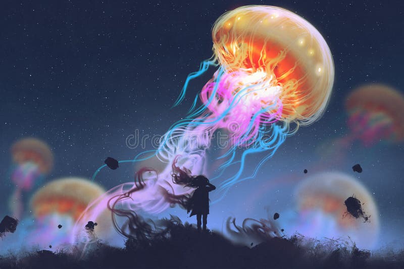 Menina que olha as medusa gigantes que flutuam no céu