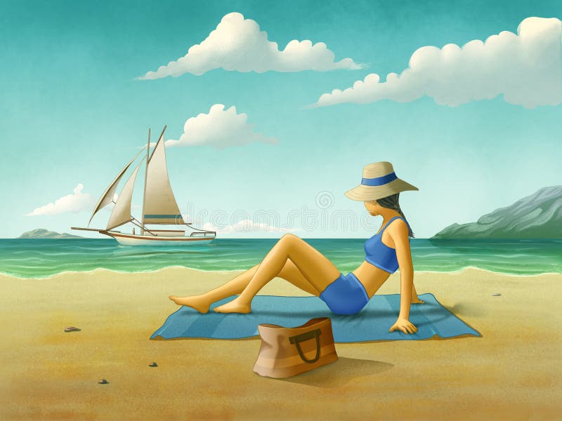 Menina que relaxa na praia ilustração royalty free Menina que relaxa na praia ilustração royalty free
