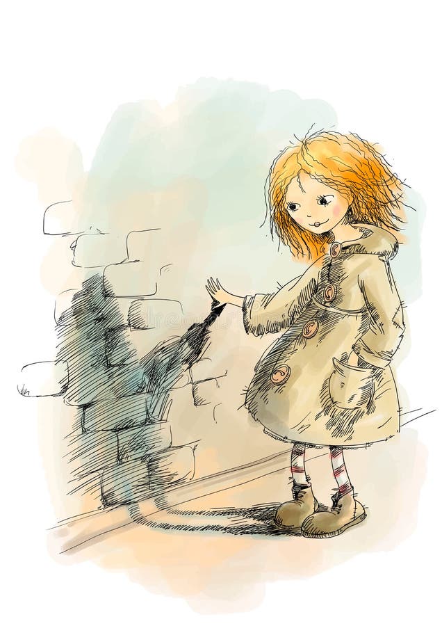 A menina ruivo em um revestimento olha sua sombra ilustração do vetor A menina ruivo em um revestimento olha sua sombra ilustração do vetor