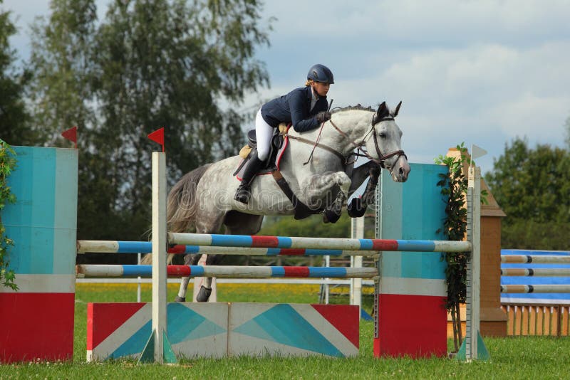 Garota Equestre Pulando Obstáculo Com Cavalo Cinza-maçã Imagem de