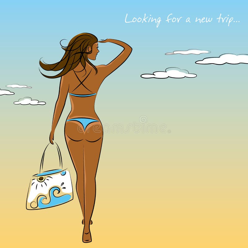 A menina 'sexy' bonita no biquini com uma praia ensaca à disposição ilustração royalty free A menina 'sexy' bonita no biquini com uma praia ensaca à disposição ilustração royalty free